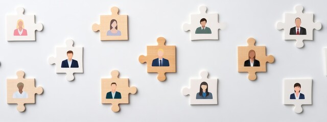 Puzzle Pieces with Diverse People Icons Representing Team Collaboration