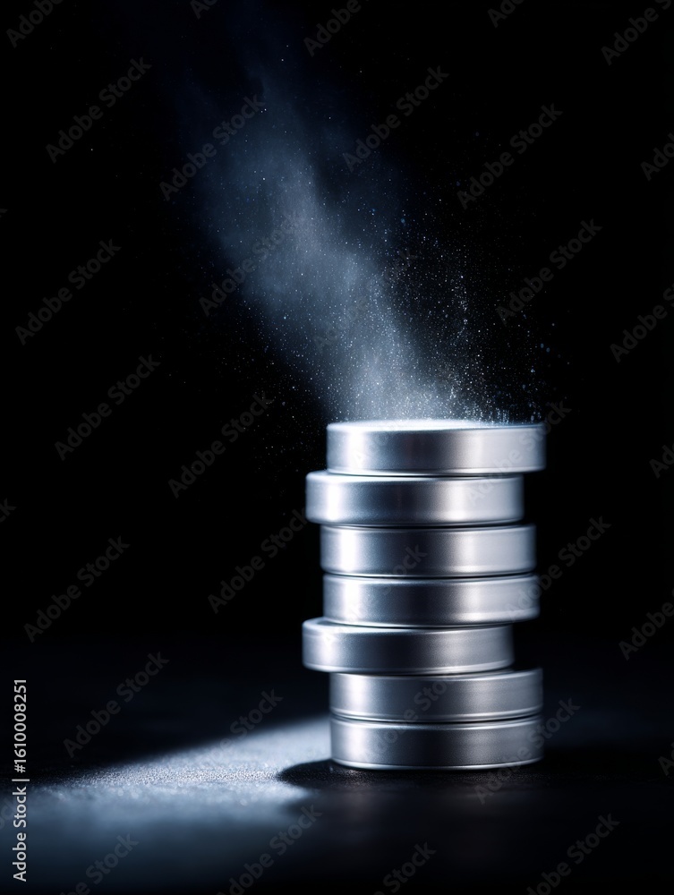 Poster a stack of metallic containers with a cloud of fine powder emerging from the top. the image captures