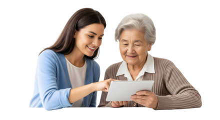 Smiling person teaching a grandparent to use a tablet with shared joy