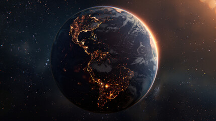 Stunning view of Earth from space, showcasing illuminated cities and natural landscapes against backdrop of stars. planet appears vibrant and alive, highlighting beauty of our world