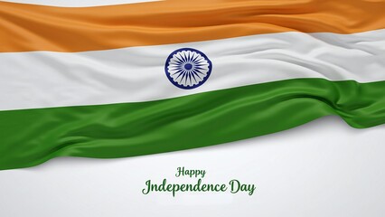 Waving flag of India on a white background with a festive Happy Independence Day greeting. A patriotic concept for a national celebration.