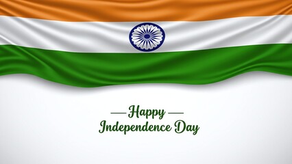 Waving Indian flag banner with 'Happy Independence Day' message. Patriotic illustration for the national holiday of India on August 15th.