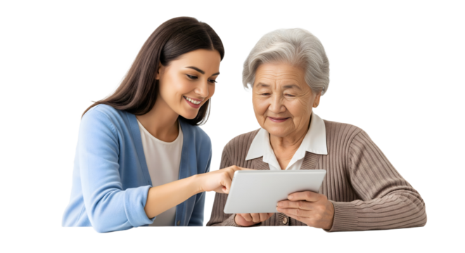 Smiling person teaching a grandparent to use a tablet with shared joy