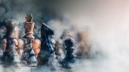 Obraz premium Chess pieces amidst abstract smoky fog, creating a dramatic and ethereal atmosphere