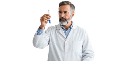 Scientist in a laboratory looking at a test tube with curiosity