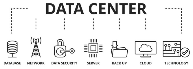 Data Center Cloud Computer Connection Hosting Server Database concept banner with vector icons