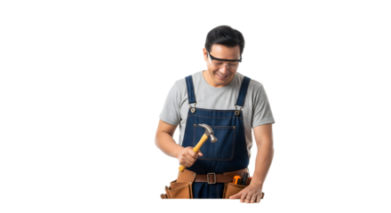 Man with safety glasses and hammer working on a carpentry project