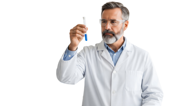 Scientist in a laboratory looking at a test tube with curiosity
