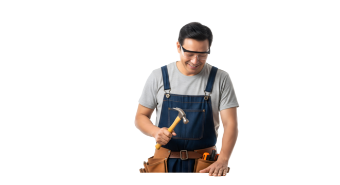 Man with safety glasses and hammer working on a carpentry project