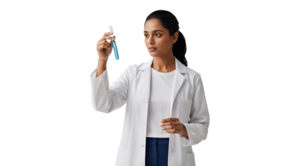 Woman scientist in a laboratory examining a test tube with curiosity