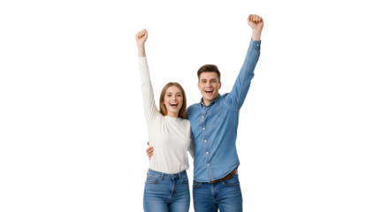 A young couple celebrating good news with joy and excitement