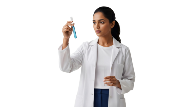 Woman scientist in a laboratory examining a test tube with curiosity