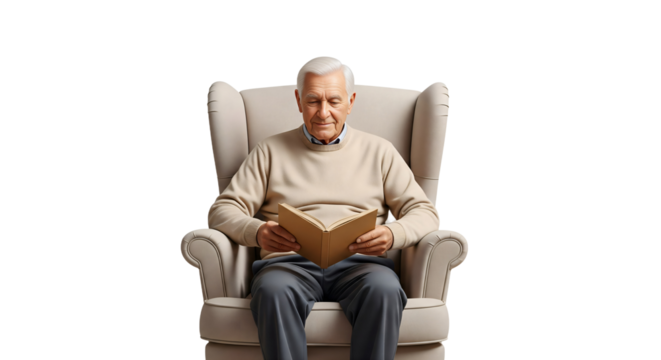 Elderly person reading a book in an armchair with serenity