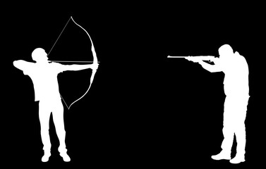 Archer man aiming rifle soldier battle vector silhouette illustration isolated. Traditional weapon bowl and arrow against firearm modern gun. Boy protect family against burglar shape. Violence crime.