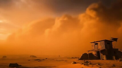 A lonely wooden outpost struggles to survive against a massive, apocalyptic orange sandstorm in a desolate desert wasteland. - Powered by Adobe