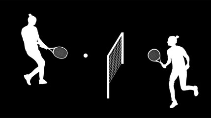 Woman tennis player vector silhouette illustration isolated. Sport shadow. Recreation pose. Girl play tennis shape. Active lady hobby training after work. Anti stress worming up. Women tennis match.