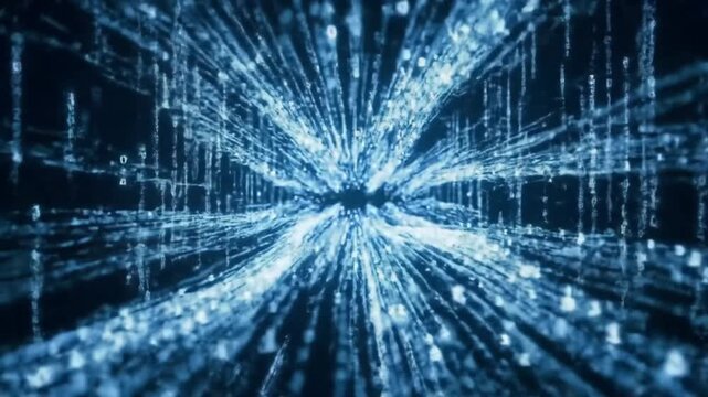 Dynamic digital data stream with glowing binary code in futuristic tunnel effect