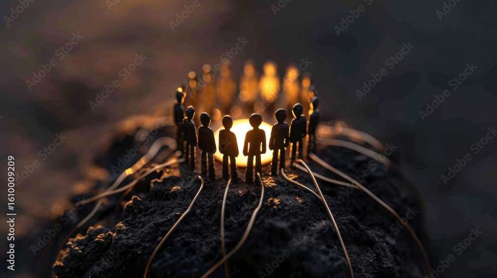 Poster miniature figures standing in circle around glowing light source, symbolizing unity and connection. 