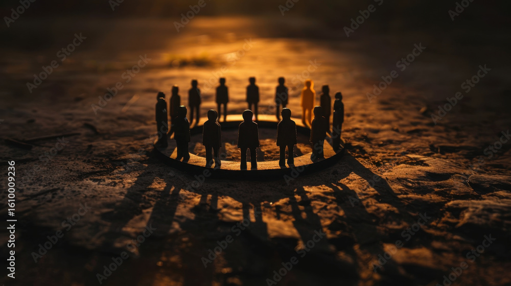 Poster image depicts group of miniature figures arranged circle, casting long shadows textured surface, ill