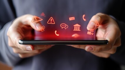 Mobile security and data protection concept with alerts on smartphone held in hands depicting data breaches and security vulnerabilities in digital communication systems