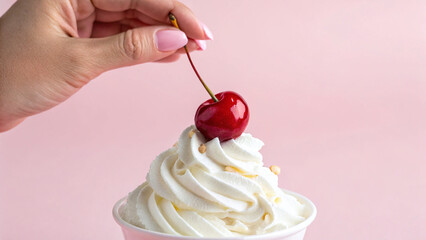 Whipped cream with cherry on top on pink pastel background associate to cherry picking, the best