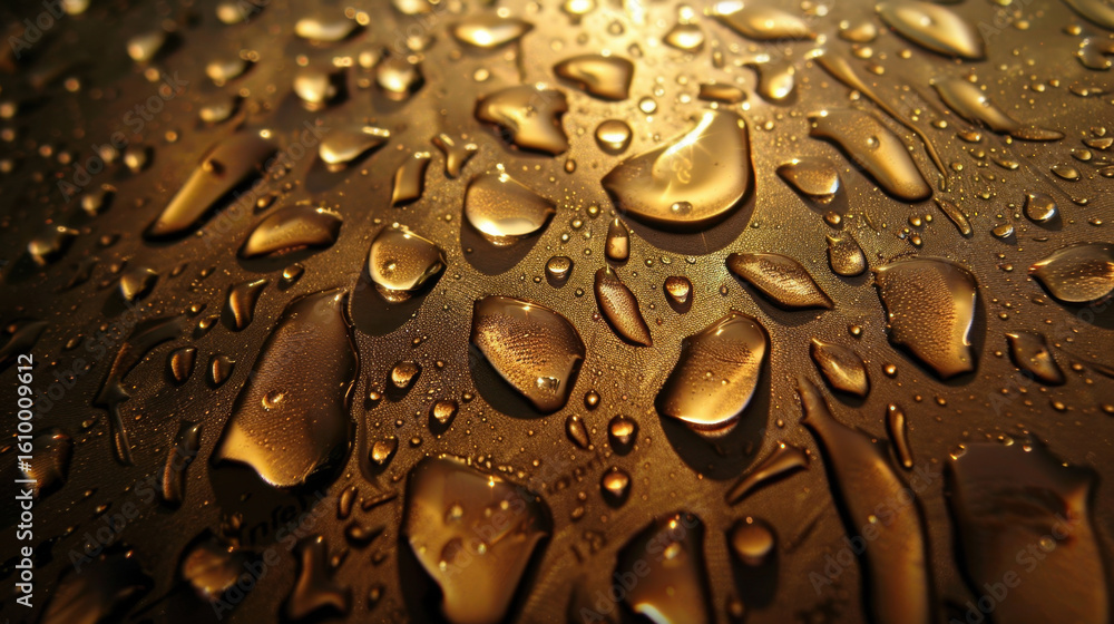 Poster moody rain droplets create textured pattern on surface, reflecting warm light and adding depth to sc