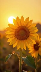Fototapeta premium Isolated sunflower facing sun, dry field, harsh light , bright, resilient