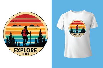 Adventure Awaits, Vintage Hiking T Shirt design, Mountain Hiking t-shirt design template. Vector illustration with wild, mountain, Hiker, and adventure silhouettes.