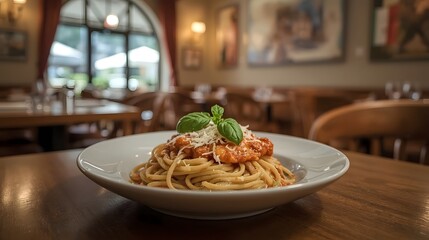Realistic 3D Render of Italian Pasta Dish with Tomato Sauce and Basil on Rustic Table, Cozy Restaurant Background