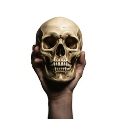 Fototapeta premium A hand holding a human skull, representing the 
