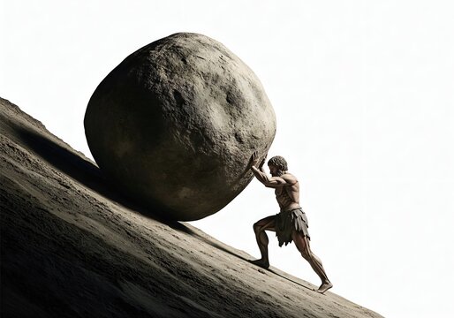 Minimalist representation of the myth of Sisyphus pushing a boulder uphill