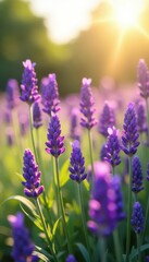 Purple lavender blooms fill a sun-drenched field , serene, peaceful, sky