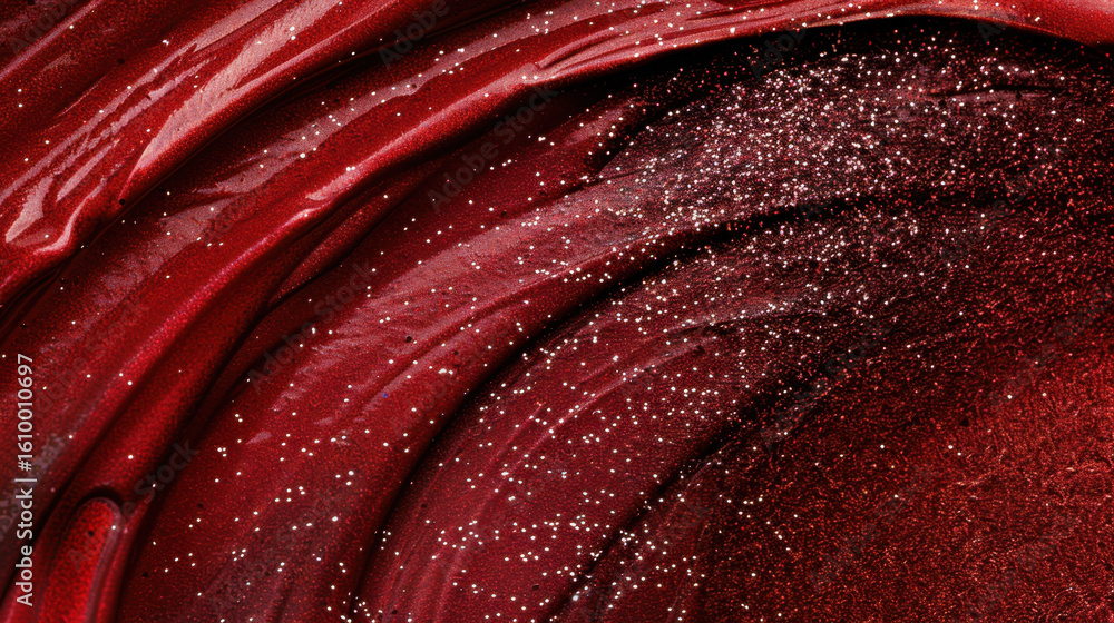 Poster close up view of red glitter waves creating flowing texture, showcasing rich and vibrant appearance 