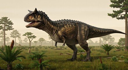 A carnotaurus dinosaur standing in a grassy field with trees and plants during the daytime outdoors