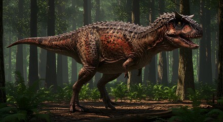 A carnotaurus standing tall in a dense forest with tall trees and lush green undergrowth in the background