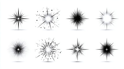 Sparkle star icon set with burst shapes and transparency, isolated on transparent background 