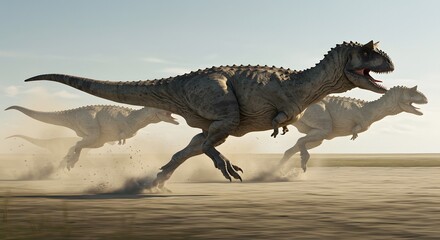 A three of carnotaurus dinosaurs running across a dusty plain under a clear and bright sky during the day