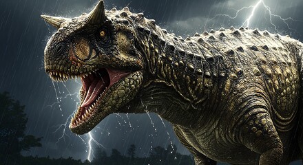 A carnotaurus roaring in a thunderstorm with lightning strikes and rain falling down in the dark night