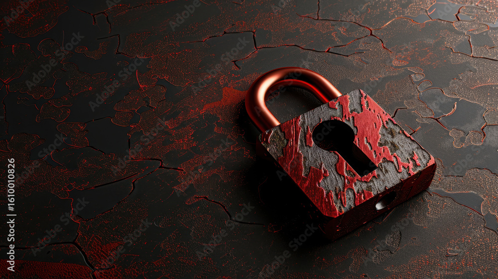 Poster red padlock on textured dark surface, symbolizing security and protection. distressed appearance of 