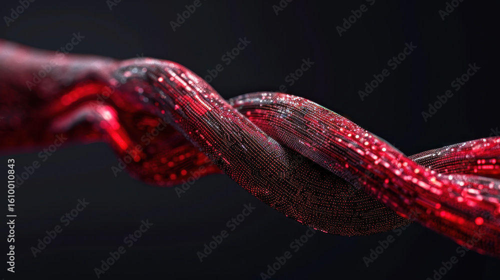 Poster striking red wave of data flows through twisted structure, showcasing intricate details and mesmeriz