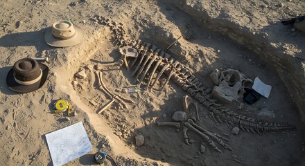 Excavated carnotaurus skeleton in desert pit with hats, measuring tape, and diagram nearby on the sand