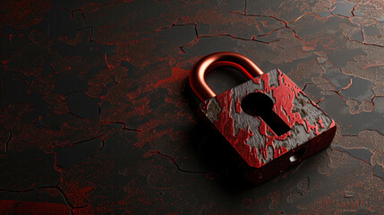 Red padlock on textured dark surface, symbolizing security and protection. distressed appearance of padlock adds sense of urgency and caution, making it visually striking