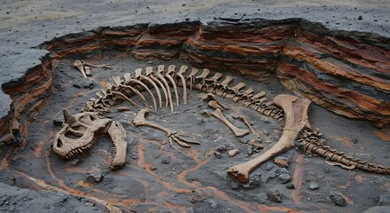 Excavated carnotaurus skeleton fossil lying in a pit with layered rock formations around the excavation site