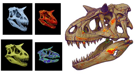 Multiple carnotaurus skull illustrations 3D in various colors and styles on a black and white background