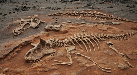 carnotaurus fossils excavated in a desert environment, with skeletons and skulls visible in the ground