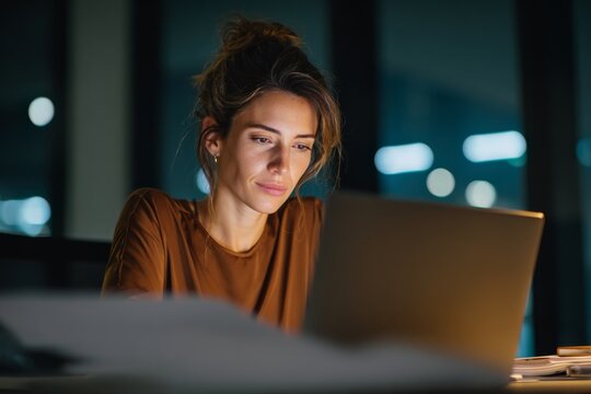 Female CEO working late in a modern office with glowing laptop screen.
