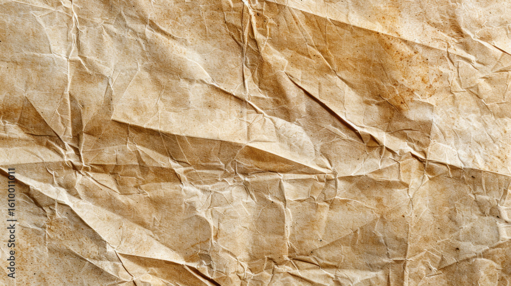 Poster crumpled paper texture background with soft natural tones, showcasing intricate folds and creases th