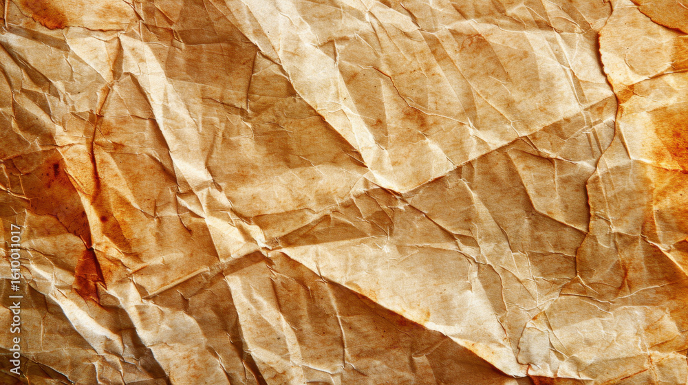 Poster crumpled paper texture background with warm tones and natural creases, creating organic and vintage 
