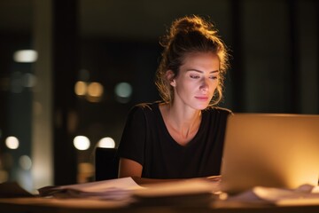 Female CEO working late in a modern office with glowing laptop screen.