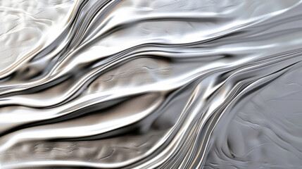 Smooth, rippled metal surface texture silver showcases elegant waves and reflections, creating dynamic and modern aesthetic. This visually striking background adds depth and sophistication to any
